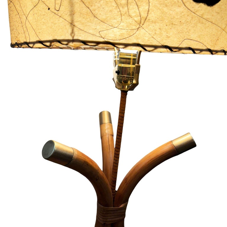 Restored Hourglass Palm Shaped Rattan & Mahogany Lamp w/ Whipple Stitch Shade
