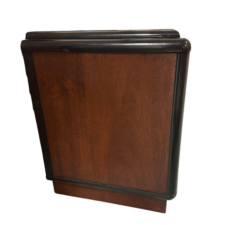 Pair of Two Toned Art Deco Cherry Wood & Lacquer Bedside Tables w/ Stepped Top
