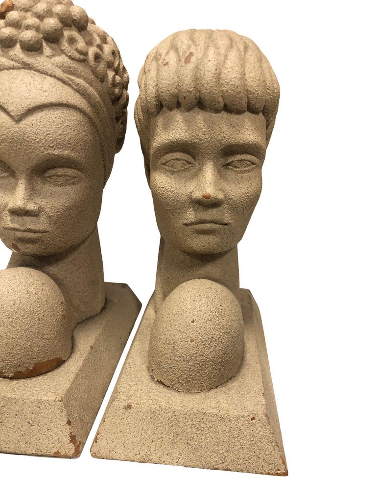 Mid-Century Modern Hawaiian Male and Female Bookends, Pair