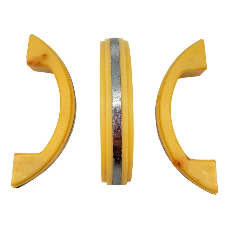 Art Deco Bright Yellow Bakelite Drawer Pulls w/ Chrome Strip, Set of 6