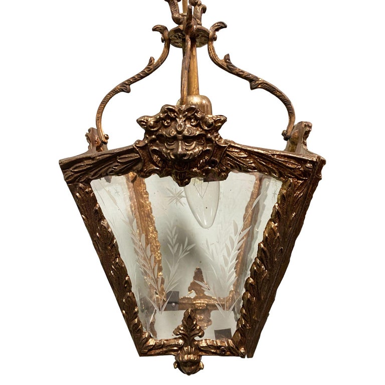 Italian Rococco Style Brass Lantern Hanging Wall Sconce w/ Etched Glass Panels