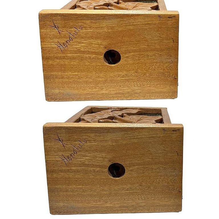 Restored Mid-century Hawaiian Carved Mango Wood Panel Lantern Table Lamps, Pair