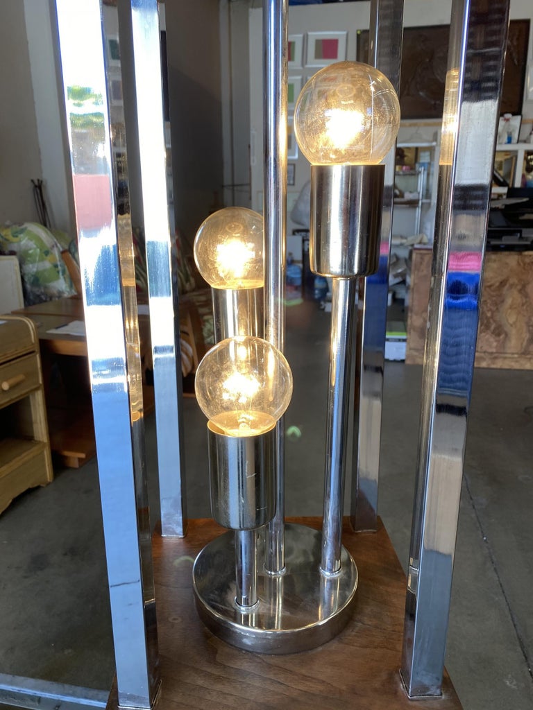 1970s Post Modern Teak and Chrome Pendant Light Fixture, Pair