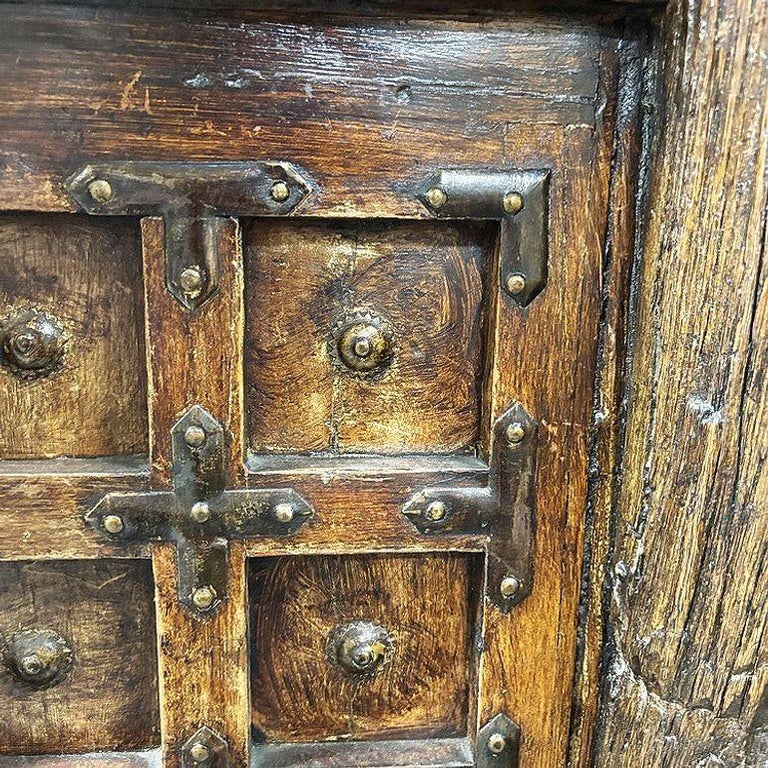 Spanish Colonial Style Antique Wood Bar w/ Iron Strapwork & Carved Columns
