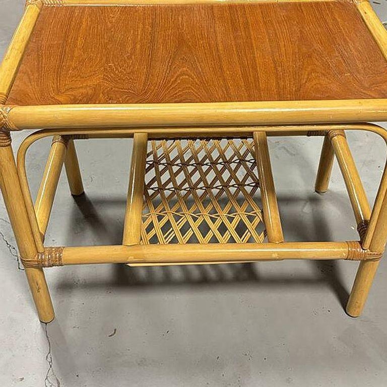 Restored Mid-century 2 Tier Rattan & Wicker Coffee Cocktail Table w Mahogany Top
