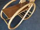 Restored 3/4 Round Pretzel Rattan Side Table w/ 2-Tier Mahogany Tops, Pair