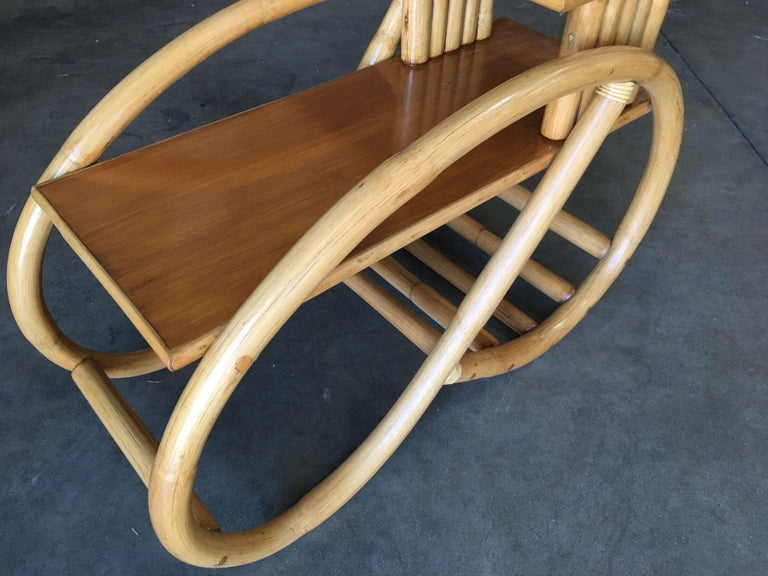Restored 3/4 Round Pretzel Rattan Side Table w/ 2-Tier Mahogany Tops, Pair