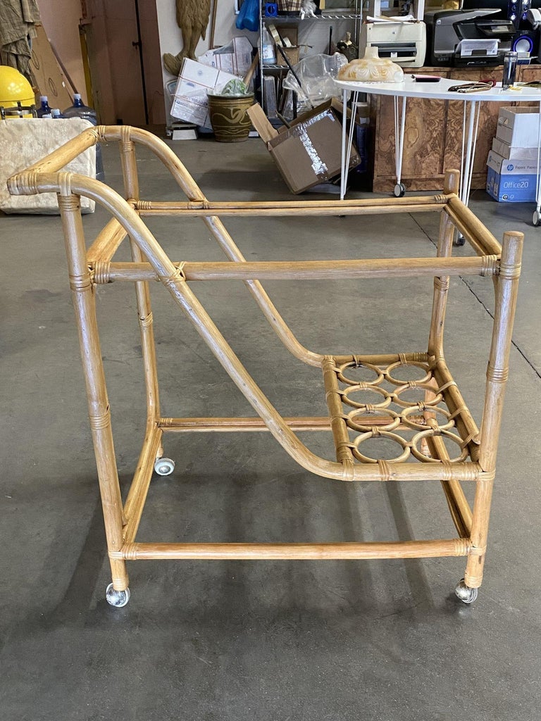 Restored Mid Century Rattan Bar Cart w/ Bottle Holder by Angraves, circa 1970