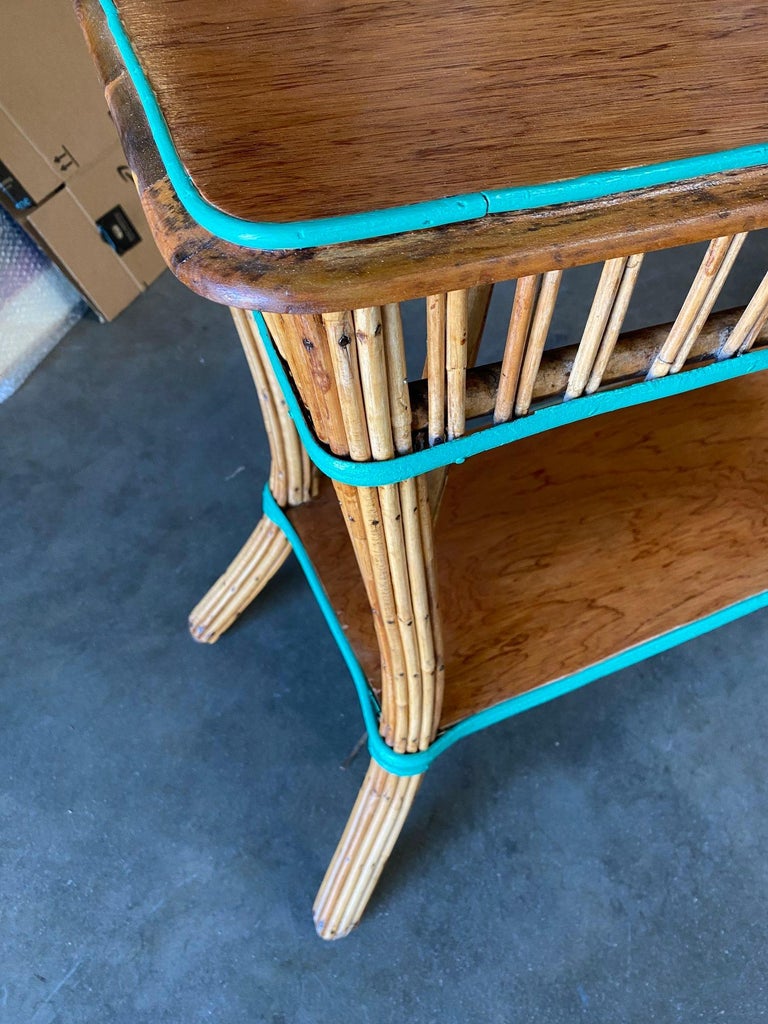 Restored Presidential Stick Reed Rattan TV Stand/Console Table w/ Mahogany Top