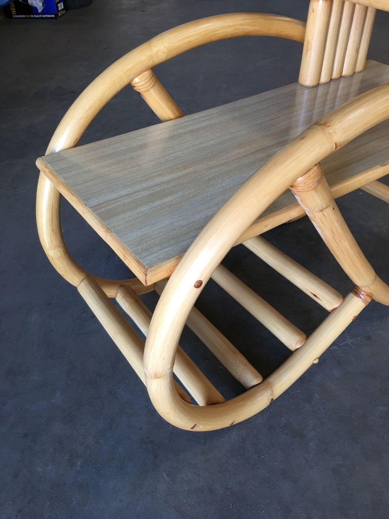 Restored 3/4 Round Pretzel Rattan Side Table with Two-Tier Formica Tops