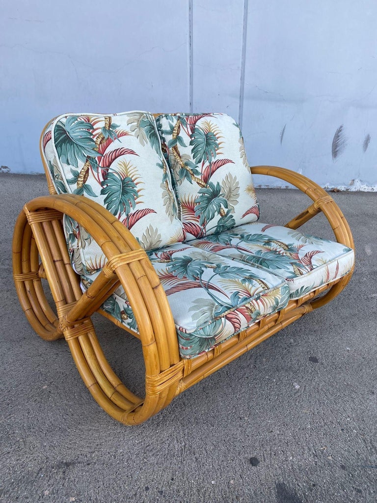 Rare 3-Strand Child Size Round Full Pretzel Rattan Sofa & Lounge Chair Set