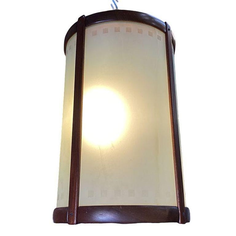 Mid-century Nakashima Style Teak Cylinder Pendant w/ Frosted Shade, 3 Available