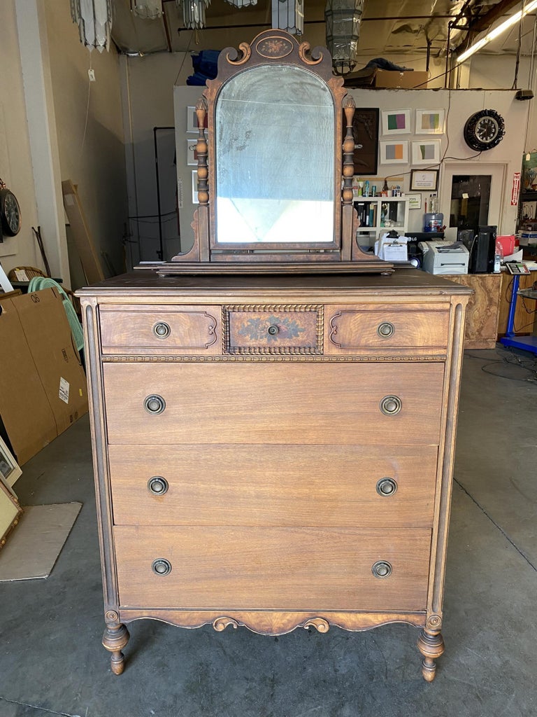 Antique Walnut Highboy Dresser w/ Vanity Table Mirror by Berkey & Gay Furniture