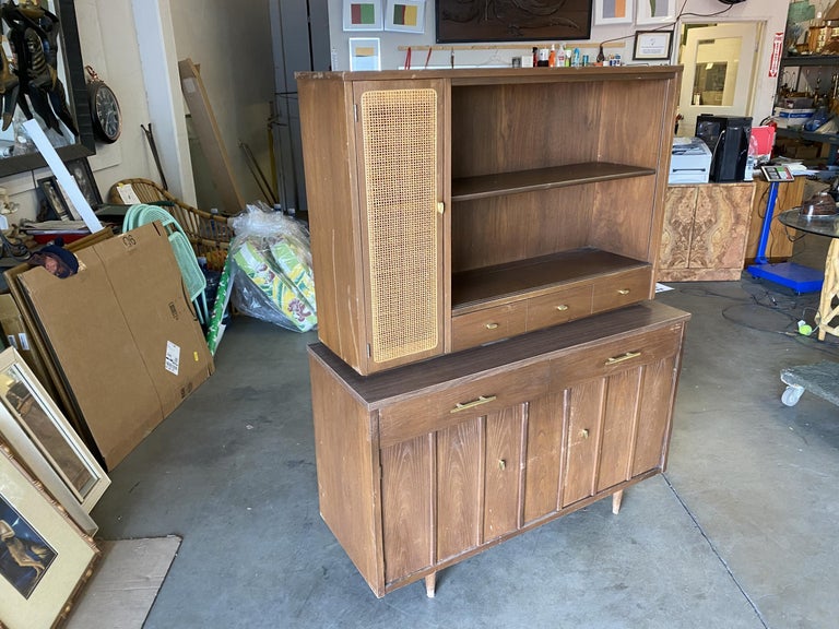 Midcentury Cupboard China Cabinet Shelf with Wicker Accents by Holman