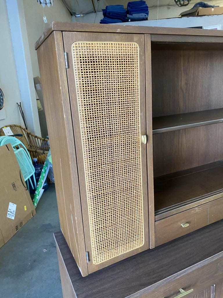 Midcentury Cupboard China Cabinet Shelf with Wicker Accents by Holman