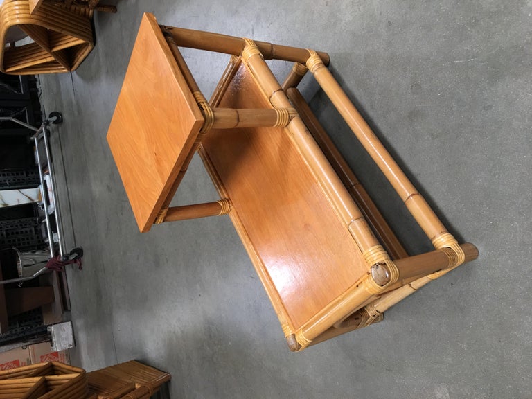 Restored Stick Leg Rattan Side Table with Two-Tier Wood Tops