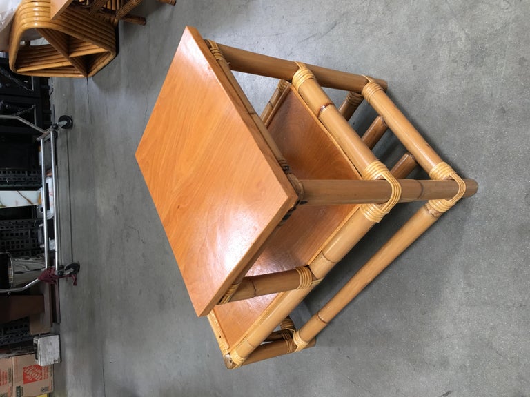 Restored Stick Leg Rattan Side Table with Two-Tier Wood Tops