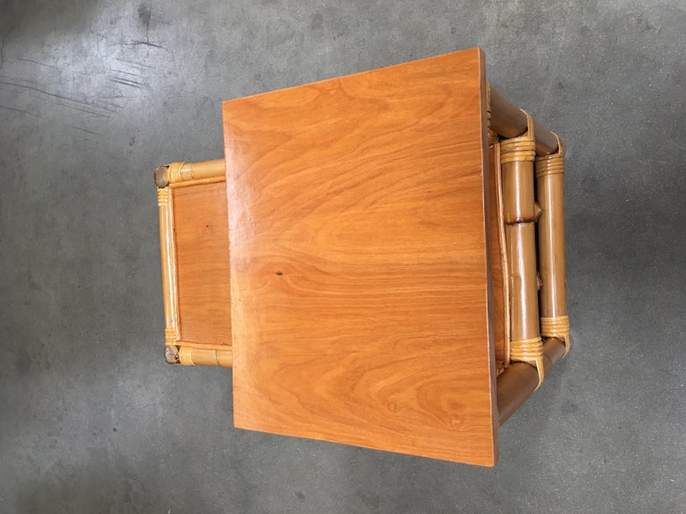 Restored Stick Leg Rattan Side Table with Two-Tier Wood Tops