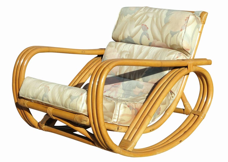 Rare Restored Pretzel Arm Rattan Rocking Chair with Ottoman