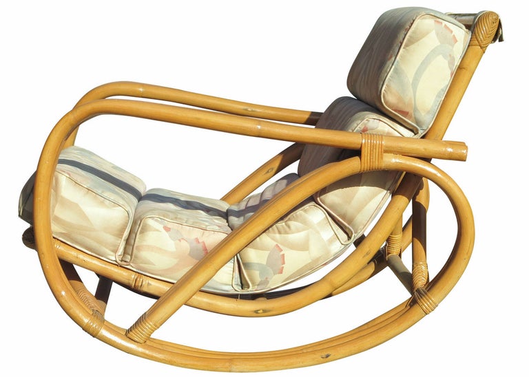 Rare Restored Pretzel Arm Rattan Rocking Chair with Ottoman