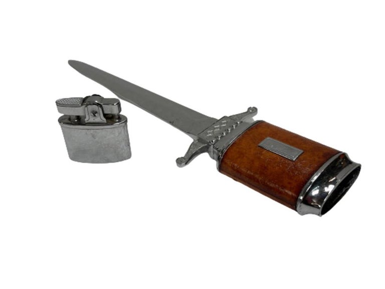 Chrome Midcentury Leather Wrapped Letter Opener Lighter