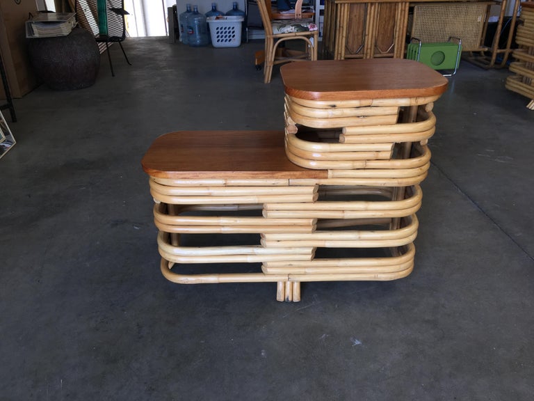 Pair Art Deco Stacked Rattan Side Table with Legs