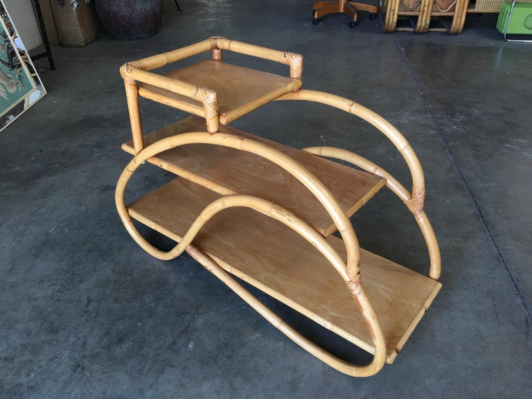 Restored Rattan "Double S" Side Table with Three-Tier Mahogany Tops