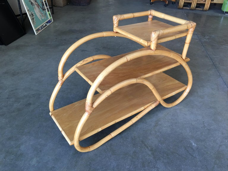Restored Rattan "Double S" Side Table with Three-Tier Mahogany Tops