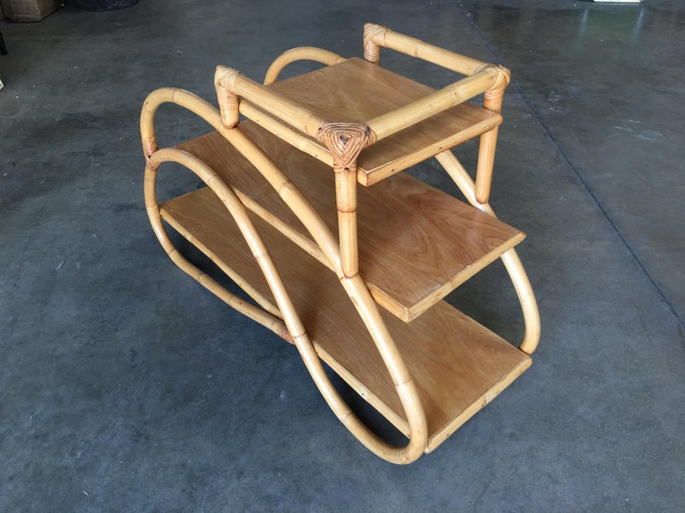 Restored Rattan "Double S" Side Table with Three-Tier Mahogany Tops