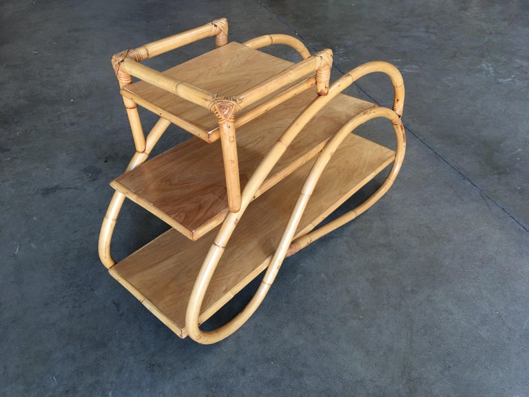 Restored Rattan "Double S" Side Table with Three-Tier Mahogany Tops