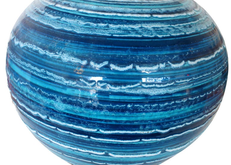 Midcentury Variegated Blue Striped Glaze Ceramic Lamp