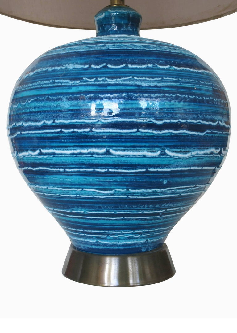 Midcentury Variegated Blue Striped Glaze Ceramic Lamp
