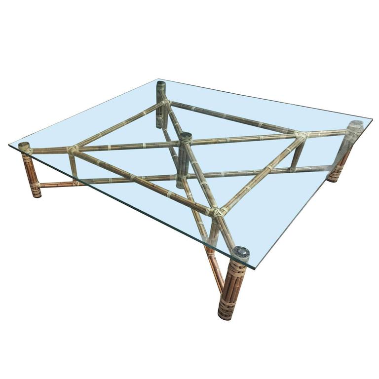 Large Bamboo and Glass Square Coffee Table by John McGuire