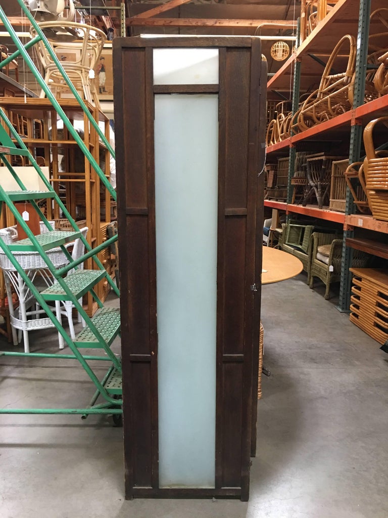 Art Deco Frosted Glass and Oak Slat Folding Screen Room Divider