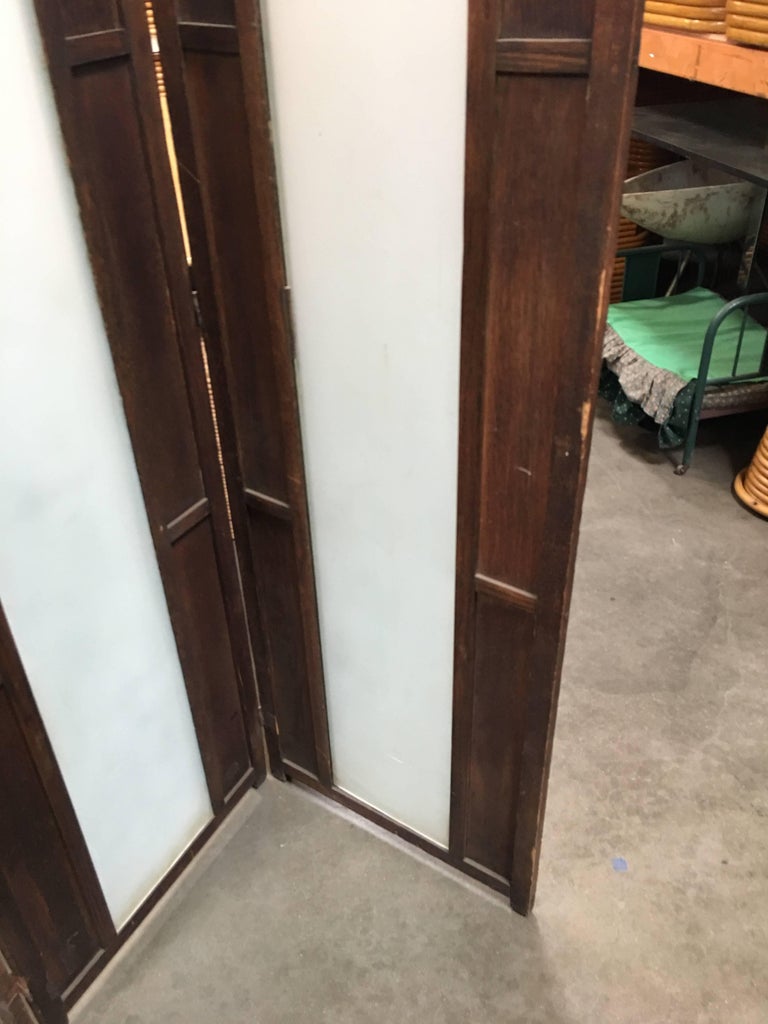 Art Deco Frosted Glass and Oak Slat Folding Screen Room Divider