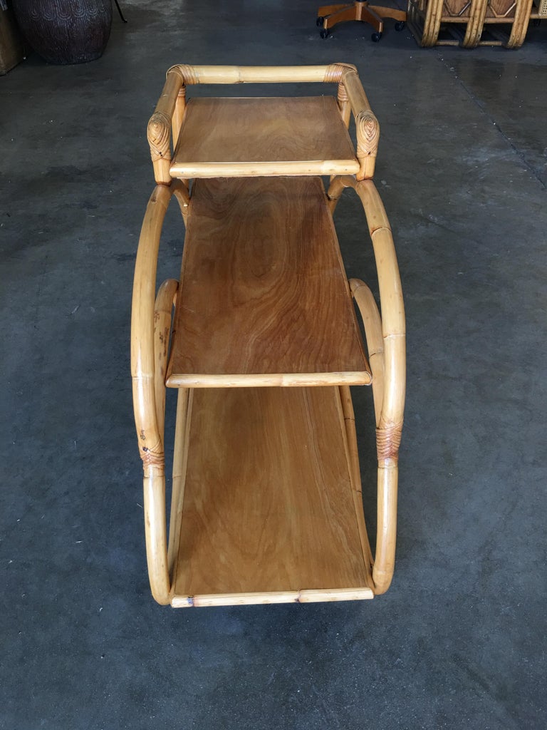 Restored Rattan "Double S" Side Table with Three-Tier Mahogany Tops