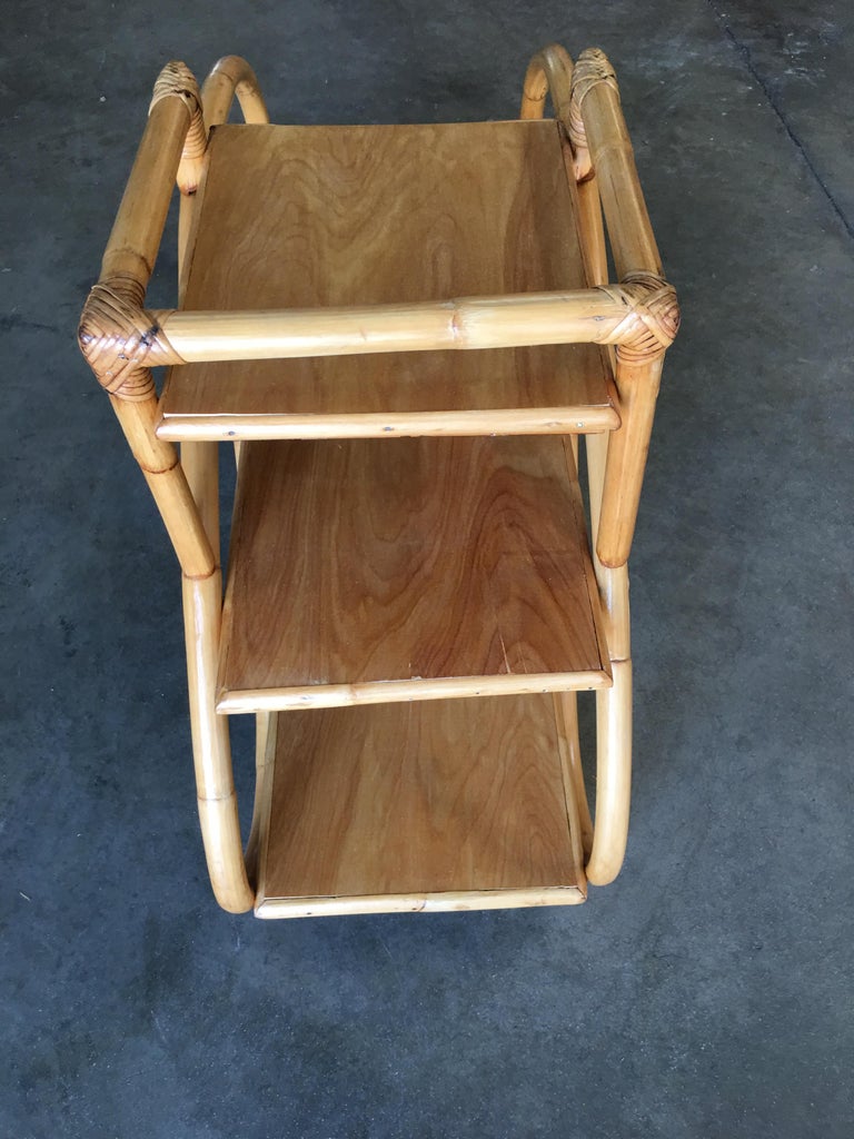 Restored Rattan "Double S" Side Table with Three-Tier Mahogany Tops