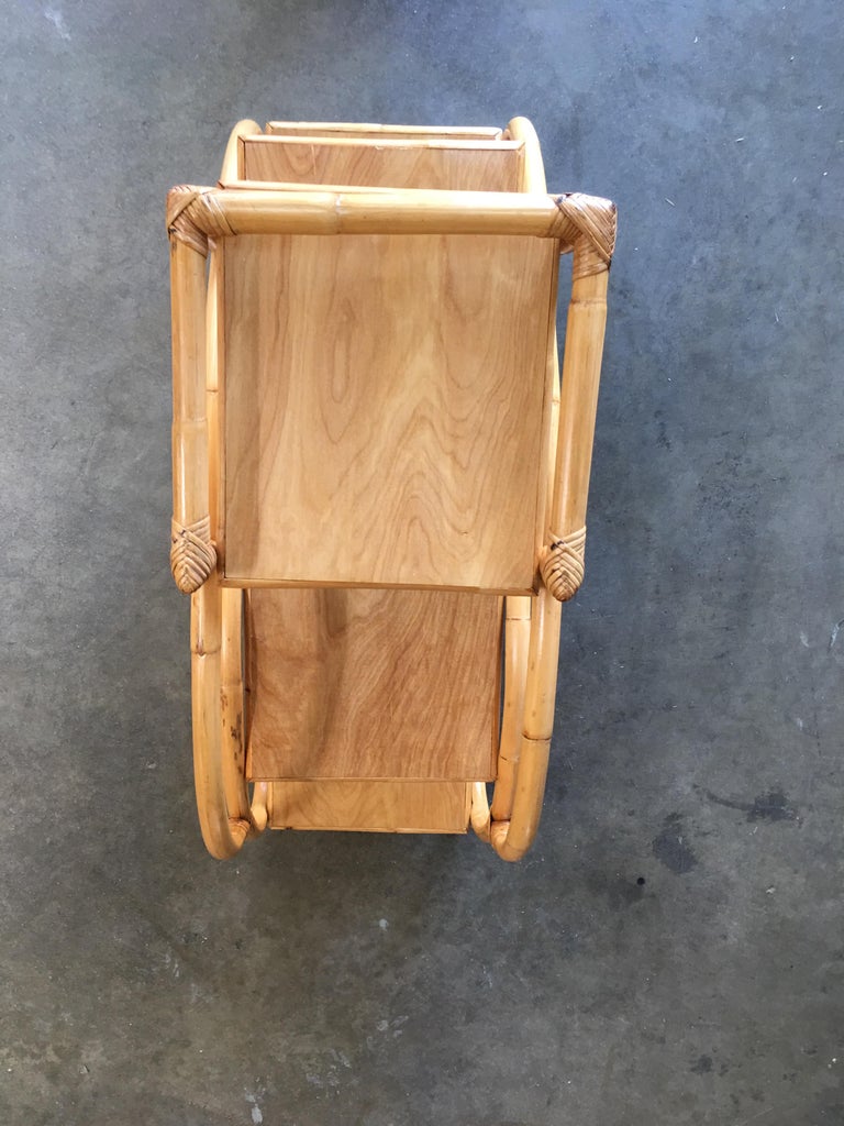 Restored Rattan "Double S" Side Table with Three-Tier Mahogany Tops