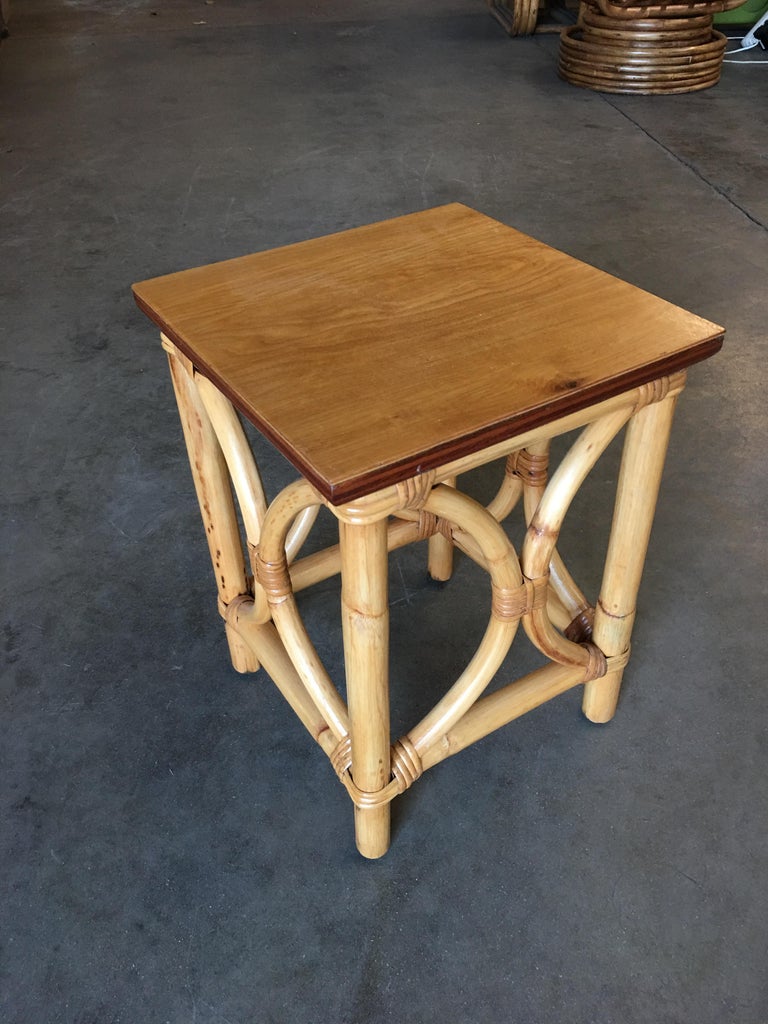 Restored Pre-WWII Rattan "Twin Arch" Side Table with Solid Mahogany Top