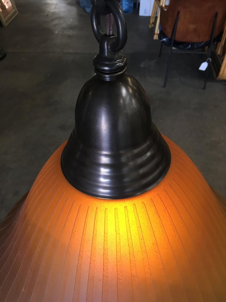 Bronze Hanging Lamp with Amber Glass Shade