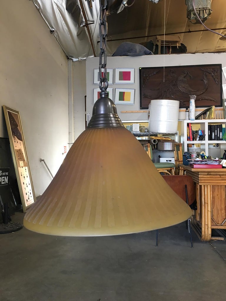 Bronze Hanging Lamp with Amber Glass Shade