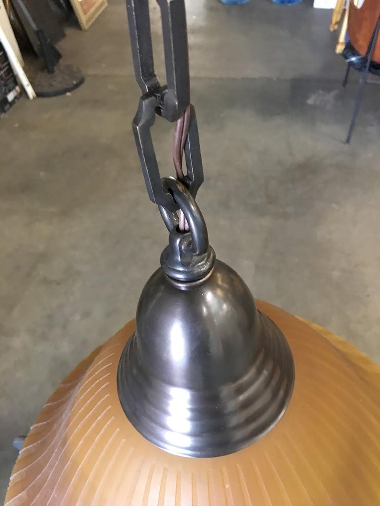 Bronze Hanging Lamp with Amber Glass Shade