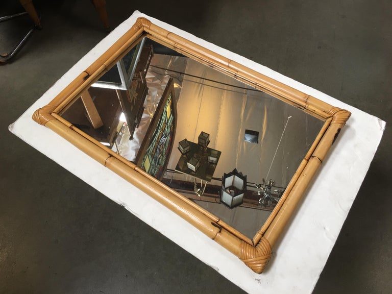 Two-Strand Rectangle Rattan Mirror with Stick Rattan Border
