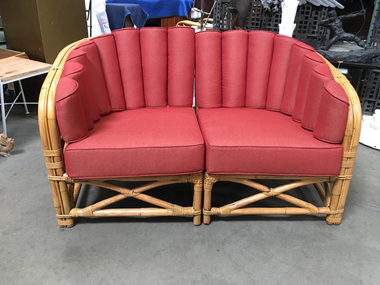 Restored Art Deco Rattan Shell Back Rattan Sectional Loveseat Sofa