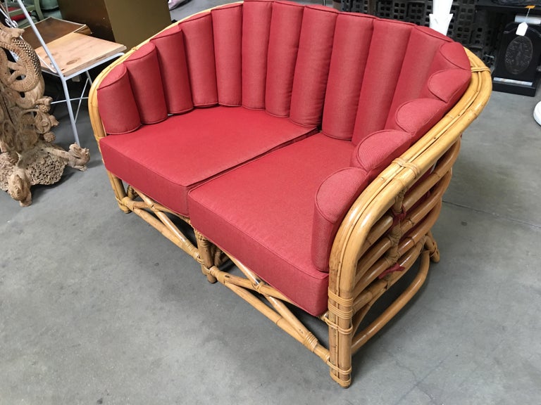 Restored Art Deco Rattan Shell Back Rattan Sectional Loveseat Sofa