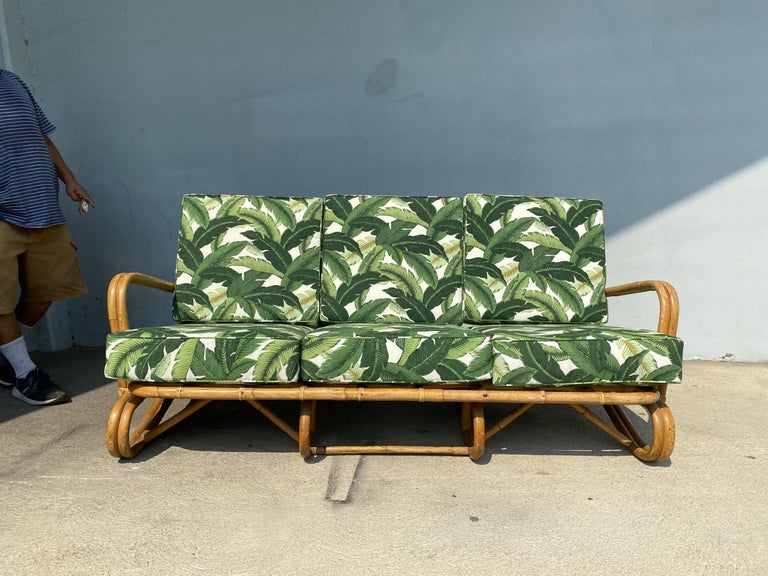 Restored "Hairpin" Leg Rattan 2-Strand 3-Seat Sofa with Bent Pole Arms
