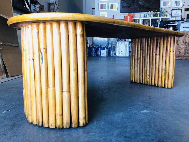 Restored Vertically Stacked Rattan Coffee Table with Mahogany Top