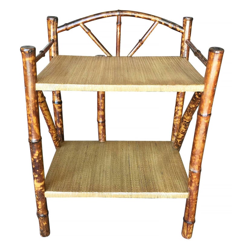 Restored Tiger Bamboo Two-Tier Short Shelf with Bottom Shelf