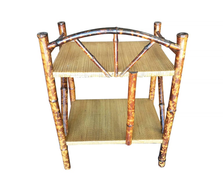 Restored Tiger Bamboo Two-Tier Short Shelf with Bottom Shelf