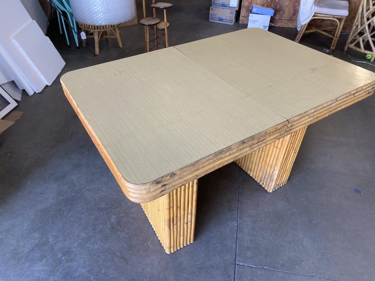 Restored Six-Person Rattan and Formica Dining Table with Vertically Stacked Base